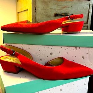Red suede slingback low heels NEW